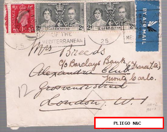 Carta de Gibraltar a Londres. De Octub-1937. Reexpedida a Montecarlo