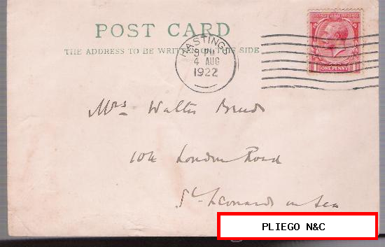 Tarjeta postal Inglesa. Franqueada con sello 14matasellada en Hasting en 1922