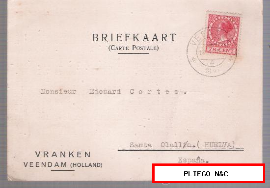 Tarjeta postal de Veendam a Santa Olalla (Huelva) De 11 de Enero de 1930