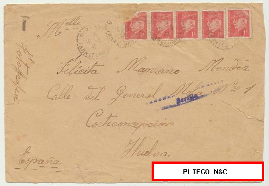 Carta de Francia a Corteconcepción. De 16 de marzo de 1942. Franqueado con 5 sellos de 1 franco, uno de ellos roto