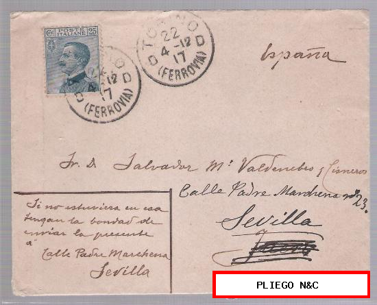 Carta de Turín a Sevilla. De 22 Abril de 1912. Al dorso tampón. Scuole Profu e Agricle Salesiane