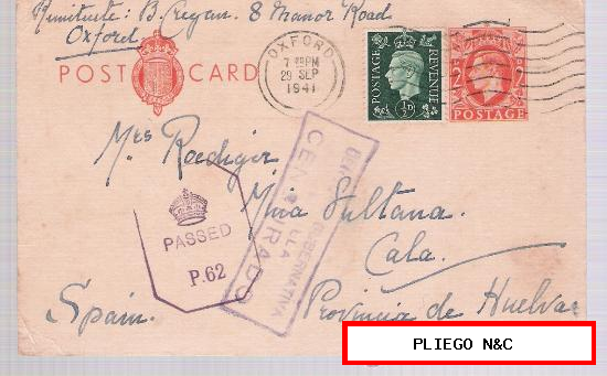 Tarjeta entero postal, complementado con sello 209. De Oxford a Mina la Sultana-Cala