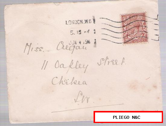 Carta de Londres a Chelsea. Franqueado con sello 141, matasello de rodillo de Londres
