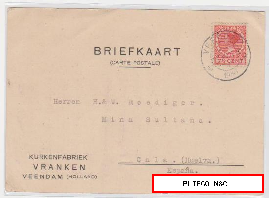 Tarjeta con membrete de Veendam a Cala de 17-7-1930