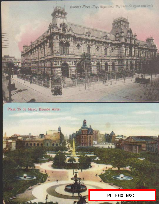 Buenos Aires (2 postales) Depósito de Agua corriente y Plaza 25 de Mayo