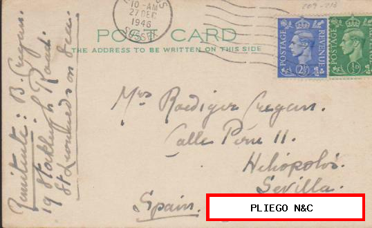 Tarjeta Entero Postal Inglesa. De Hastings a Sevilla. Del 27 Diciembre 1946