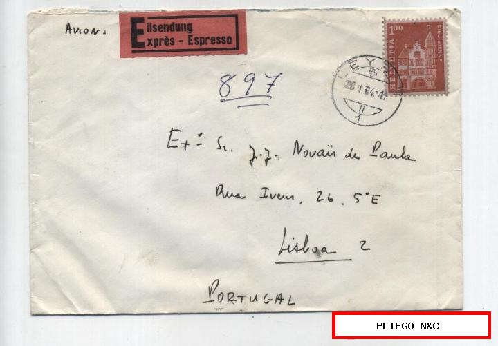 Carta de Leysin a Lisboa del 28 enero 1964. Exprés. Franqueado y fechado en Leysin