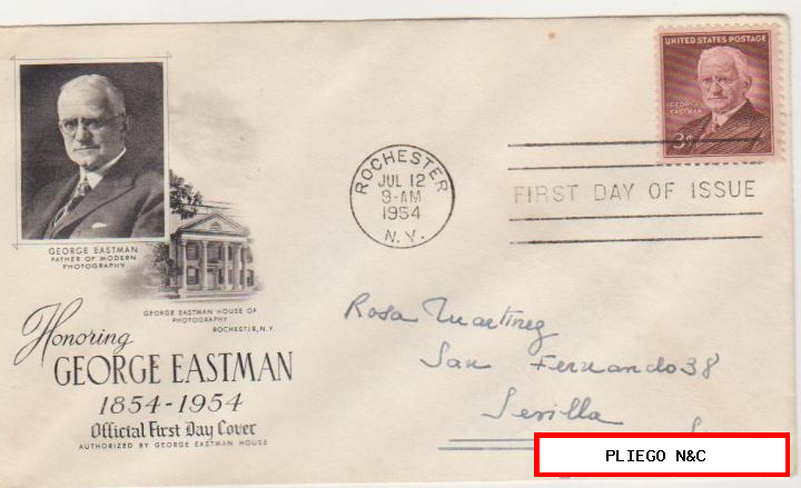 Sobre Primer Día. Estados Unidos. Honoring George Eastman. Franqueado y fechado 12-7-1954