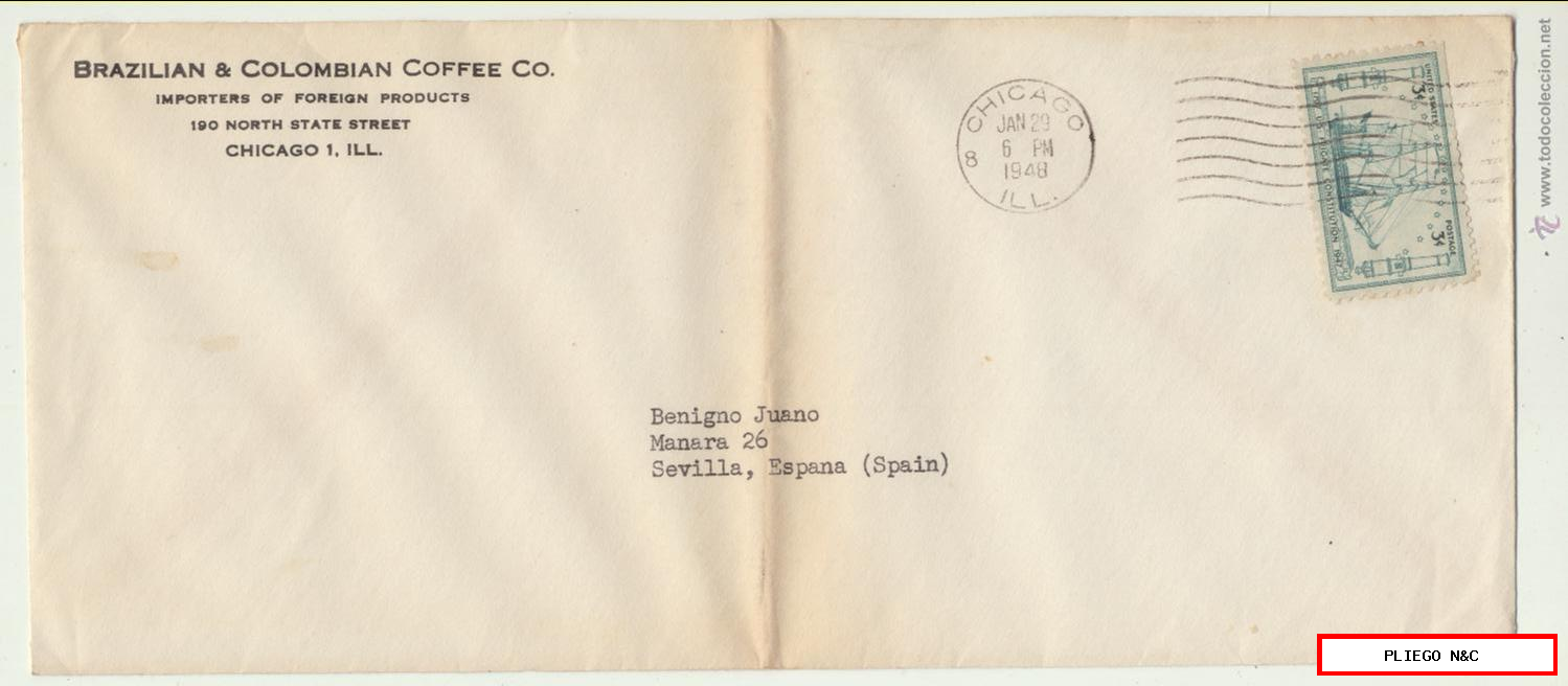 Carta con membrete de Chicago a Sevilla del 29 Enero 1948