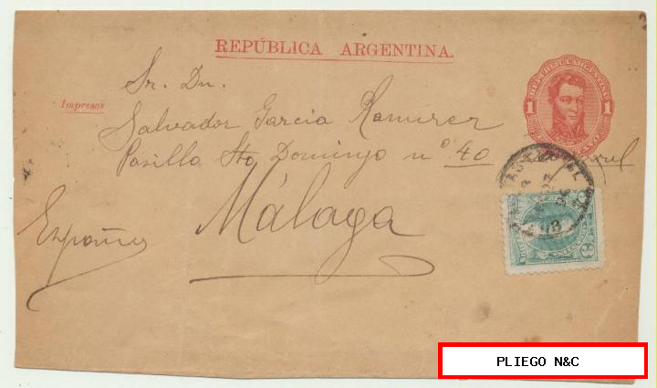 Carta (sobre entero postal) de Buenos Aires a Málaga del 27 Oct. 1890. Franqueado con 1 + 3 centa-vos