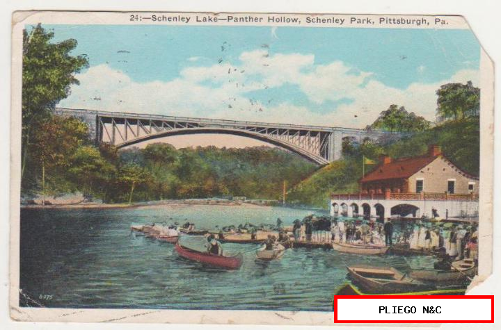 Pittsburgh-schenley lake. Franqueado y fechado en Pittsburgh en 1920 a Sevilla