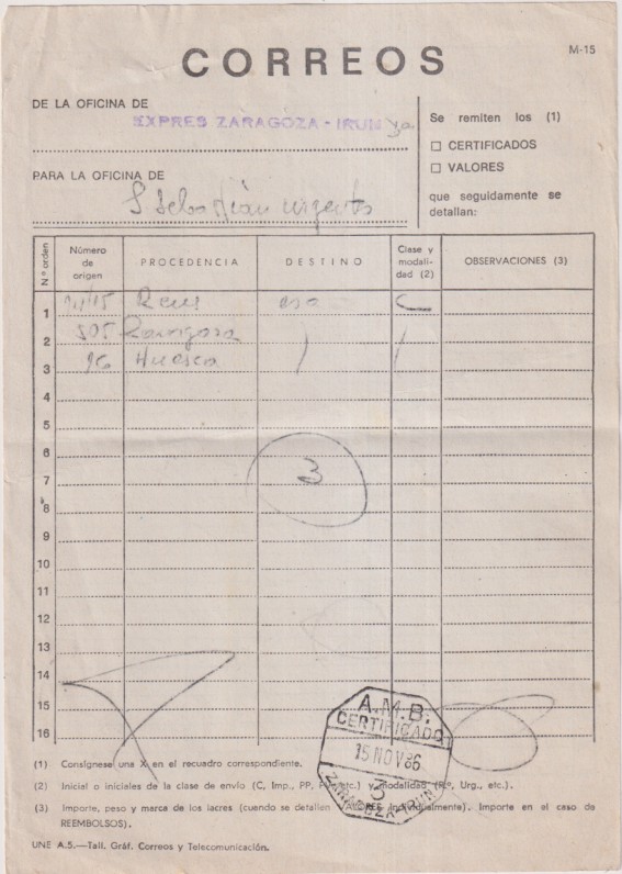 Correos. De la oficina de Express Zaragoza-Irún Para La oficina S. Sebastián Urgentes. Fechador A.M.B. Certificado 15 Nov. 1936. Zaragoza-Irún