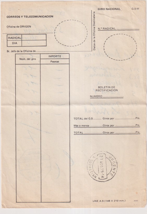 Correos y Telecomunicaciones. Giro nacional. boletín de Rectificación. Al Dorso. Exprés Zaragoza Irún. S. Sebastián Urgentes. Fechador AMB Exprés Ce.