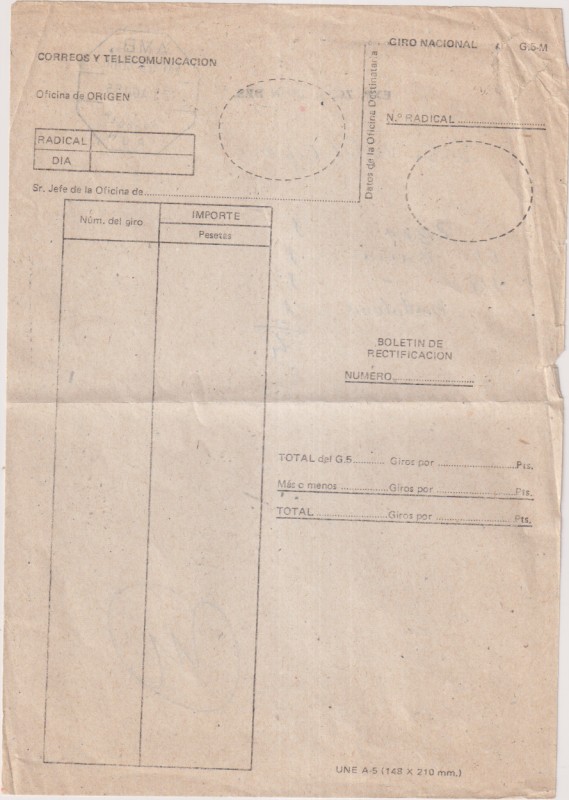 Correos y Telecomunicación. Giro nacional. Boletín de Rectificación. Al Dorso. Exp. Zaragoza Irún. Fechador AMB Exprés Certif. 23. Ago. 85