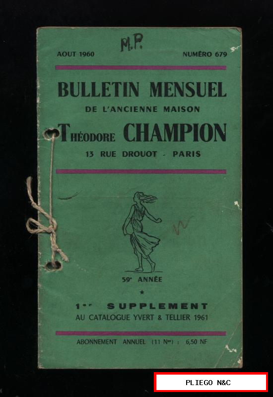 boletín mensual Théodore champion. Lote de 10 boletines nº 679 a 690 (de agosto 1960 a julio 1961)