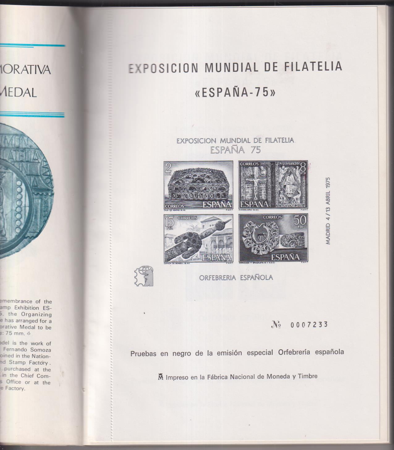ESpaña 1975 Catálogo. Exposición Mundial de Filatelia. Con pruebas Oficiales 1 y 2  negro