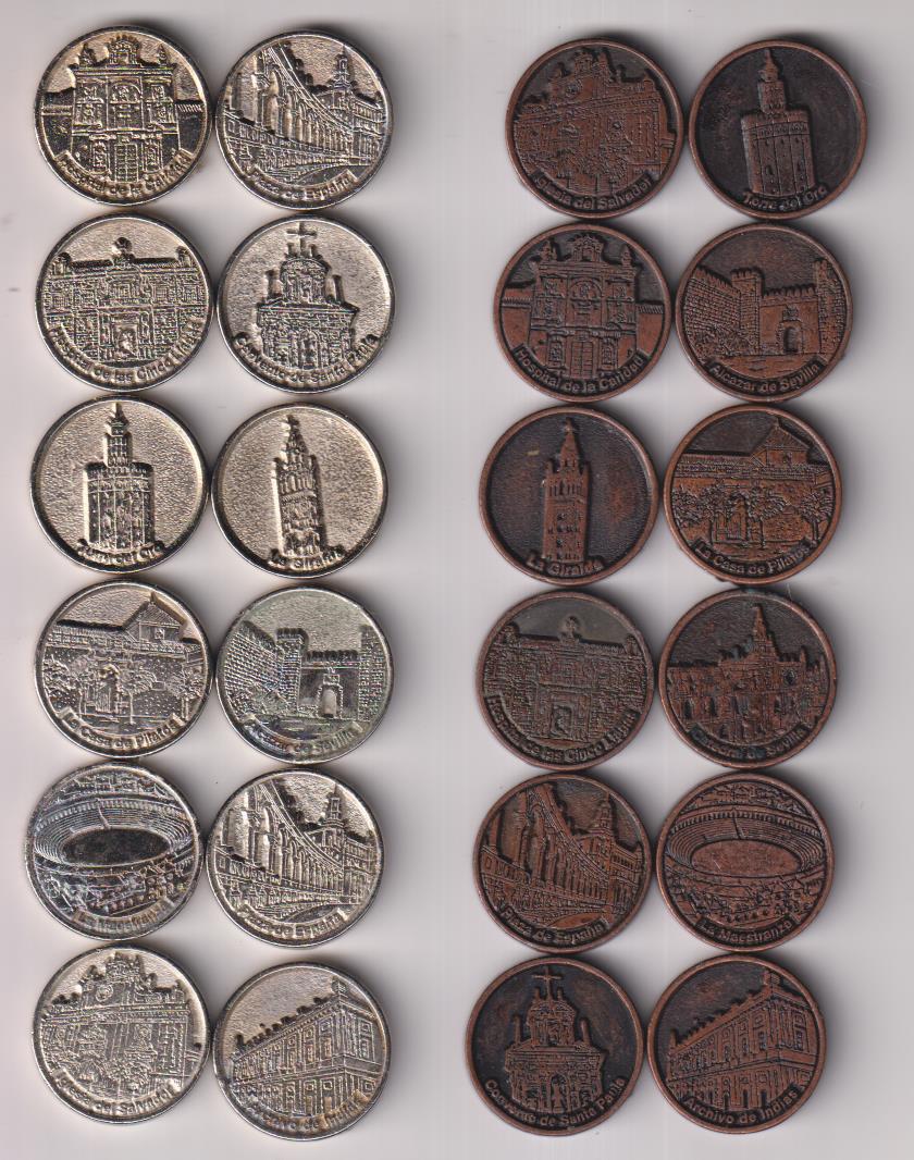 24 Fichas Para las Damas de Sevilla con Monumentos. (28 mms.) 12 en Metal blanco y 12-