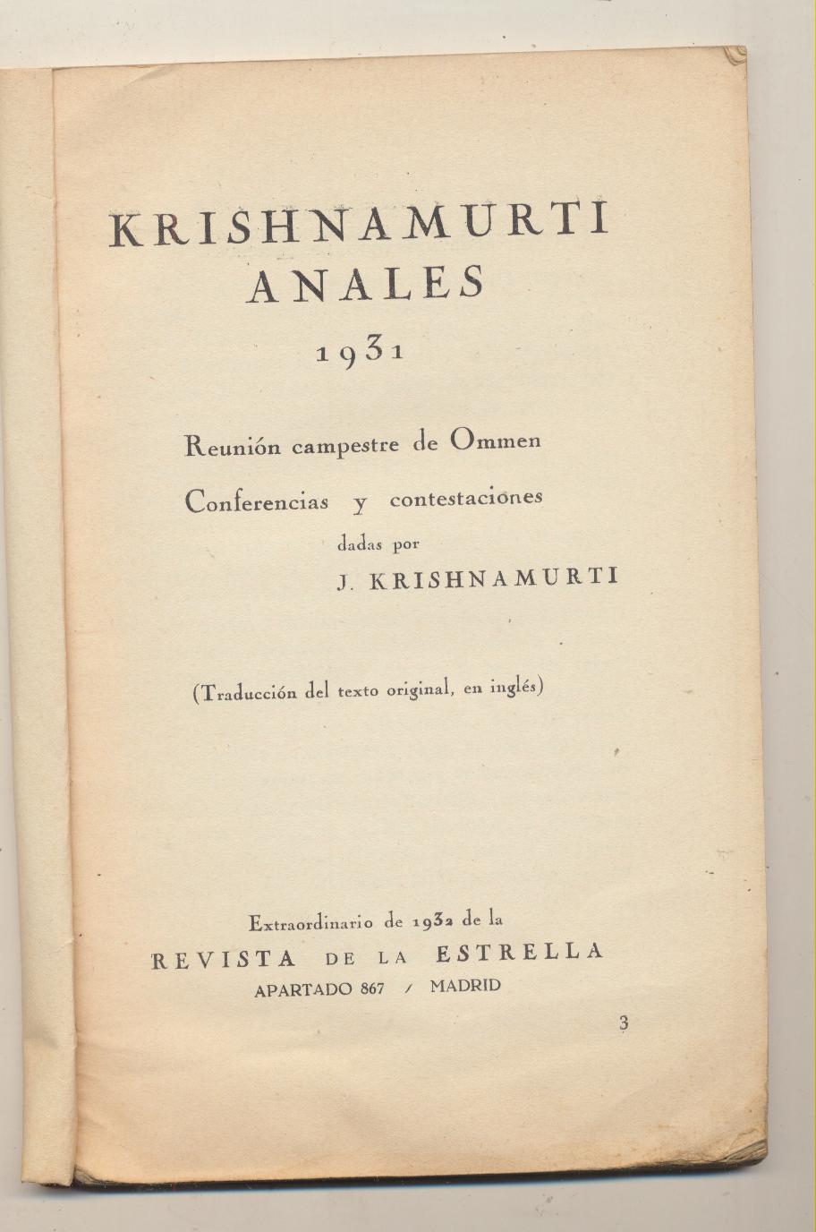 Krishnamurti Anales 1931. Reunión Campestre de Ommen