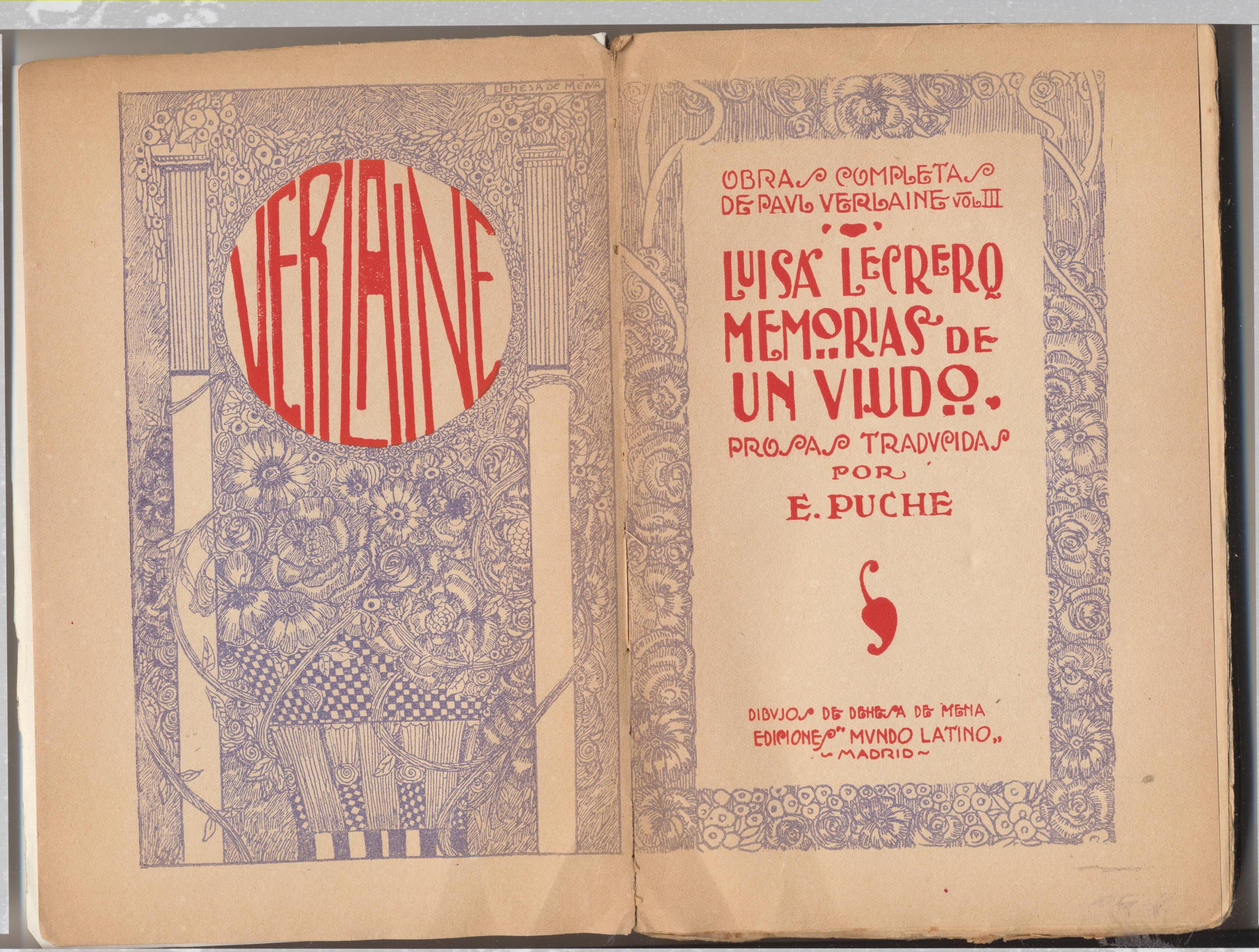 Memorias de un viudo. Obras Completas de Paul Verlaine Tomo III. Ediciones Mundo latino 1921. Mas de la mitad del libro SIN ABRIR