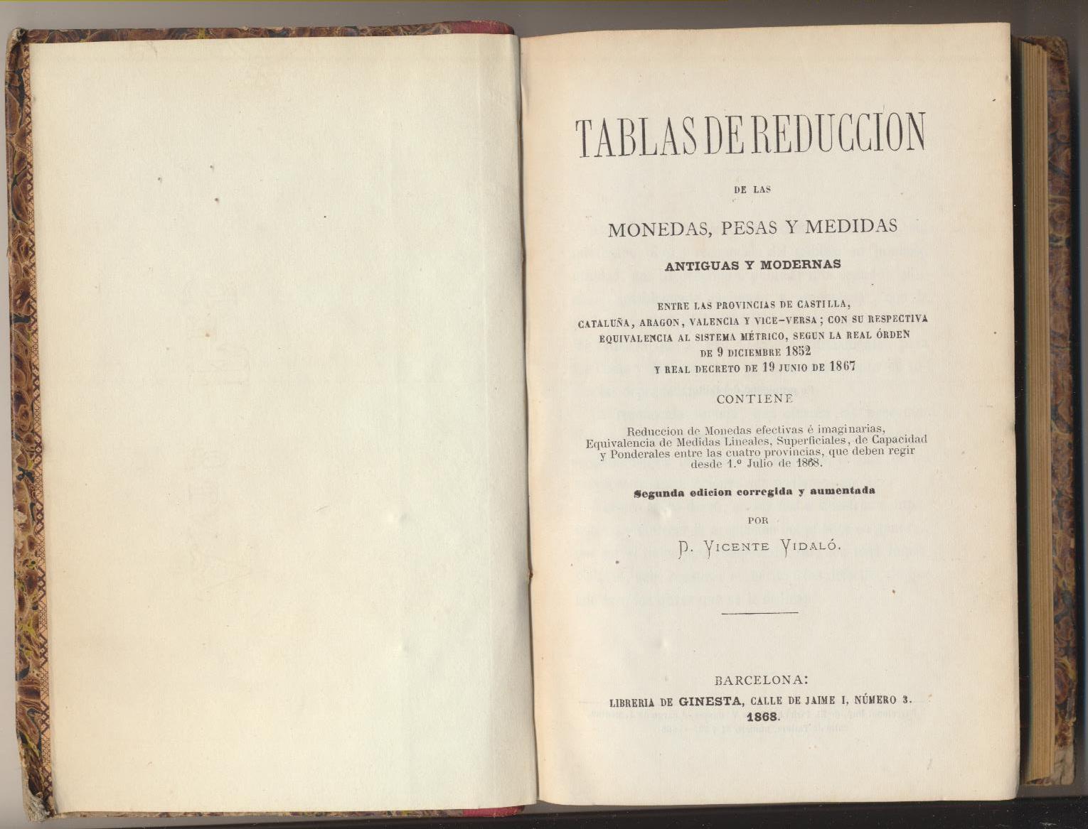 Vicente Vidaló. Tablas de Reducción de las Monedas, pesas y medidas antiguas y Modernas. Librería de Ginesta. Barcelona 1868