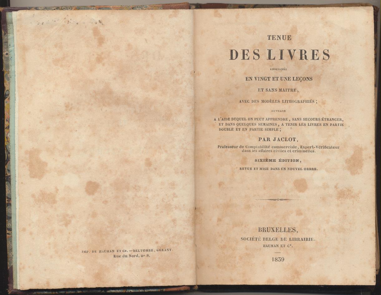 Jaclot. Tenue des livres. Societé Belge de Librairie. Bruxelles 1839. RARO