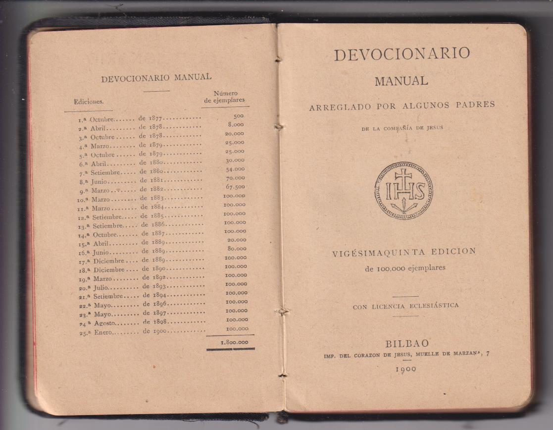 Devocionario manual Arreglado por Algunos padres. Bilbao, 1900