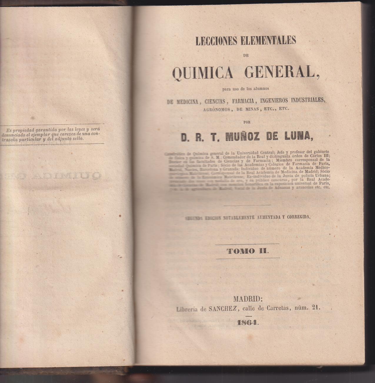 Muñoz Luna. Lecciones Elementales de Química General. Tomo II. Madrid 1864