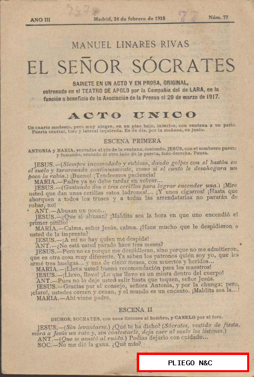 El Señor Sócrates por Manuel Linares Rivas. Sainete. Acto único. Madrid 1918