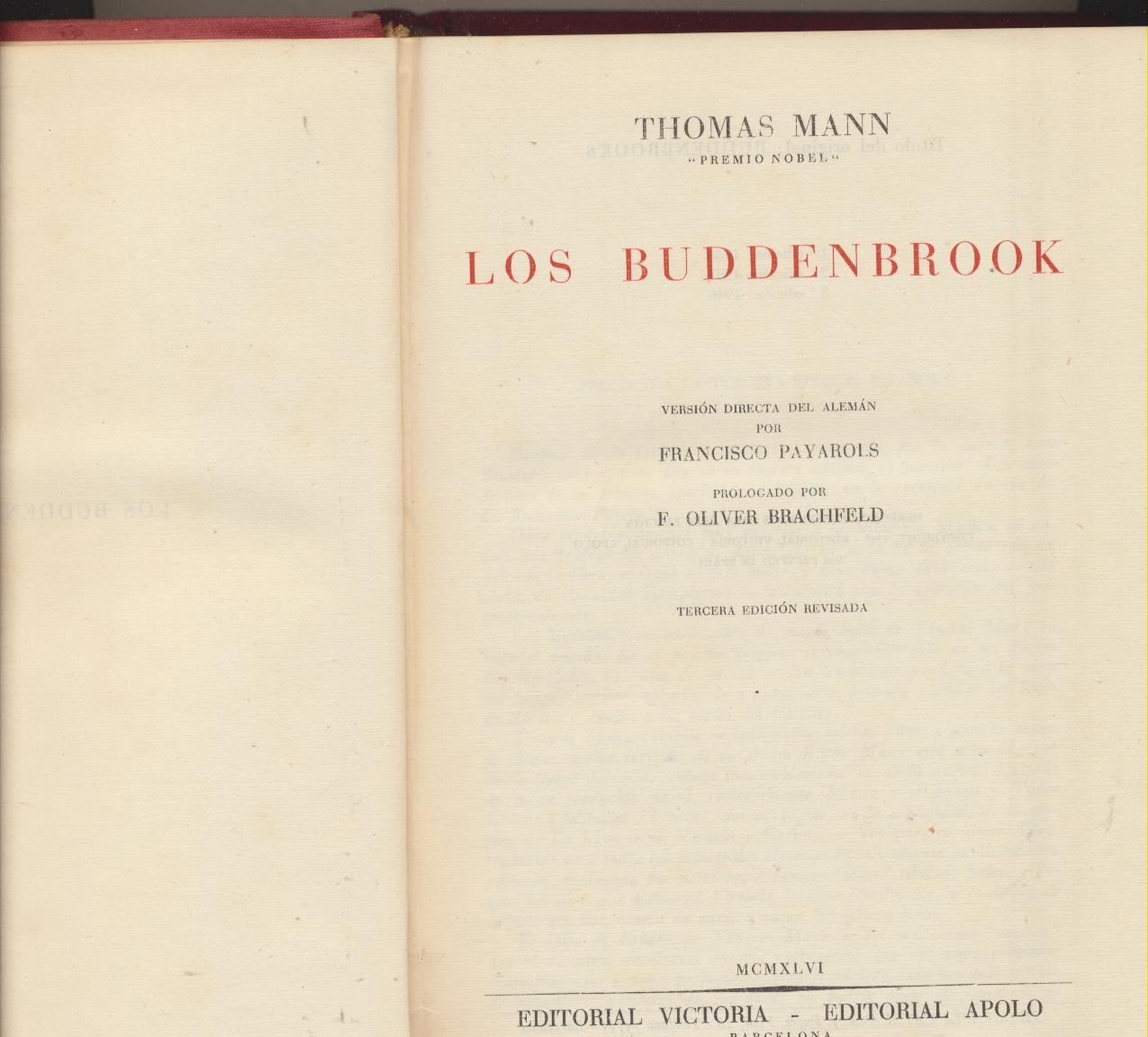 Thomas Mann. Los Budden Brooks. 3ª Edición Editorial Apolo 1946