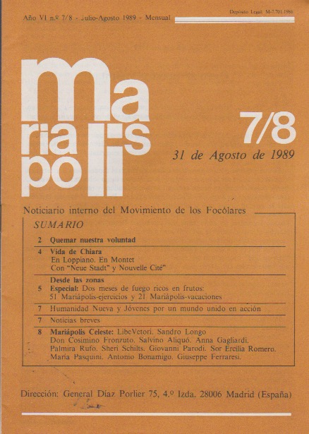 Mariapolis. Noticiario del Movimiento de los Focolares. 7/8 Agosto de 1989