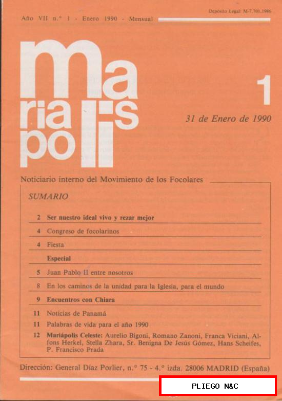Mariapolis. Noticiario del Movimiento de los Focolares. Lote de 10 ejemplares (1986-90)