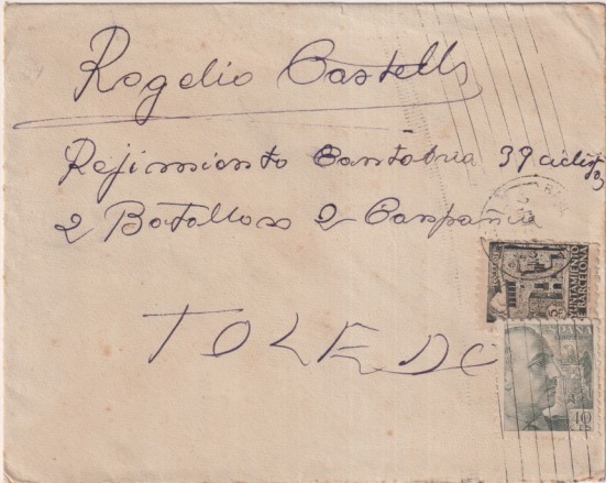 Sobre de Barcelona a Regimiento Cantabria 39 (Ciclista) 2º Batallón 2ª Compañía Toledo. Con 40 Cts. de Franco y sello del ayuntamiento Barcelona 1943