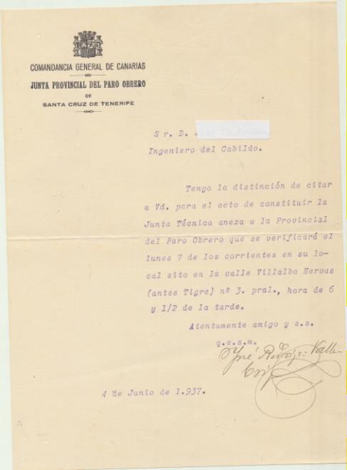 Comandancia General de Canarias. Junta provincial del Paro Obrero, Junio de 1937