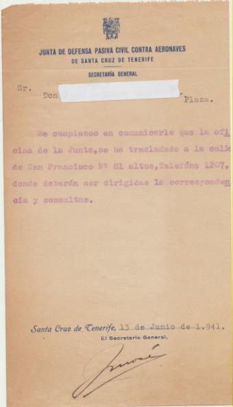 Junta de Defensa Pasiva Civil contra Aeronaves. Año 1941