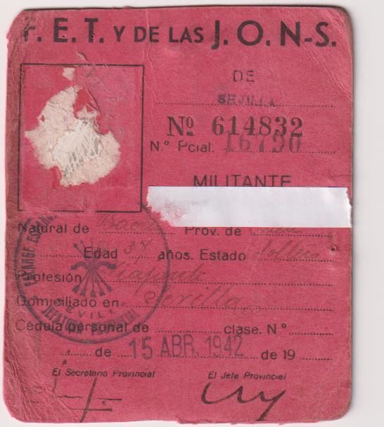 Post Guerra Civil. Falange. Carnet de Militante. Sevilla 1942