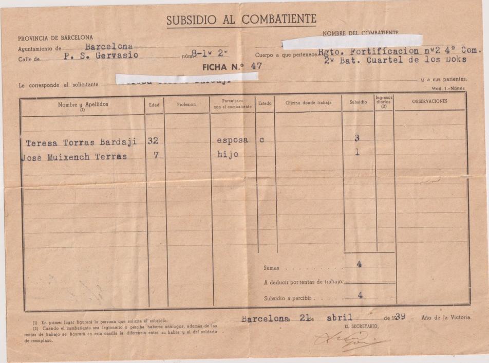 Subsidio al combatiente. Ministerio de la Gobernación a la esposa e hijo de un soldado de 2º Bat. Cuartel de los Dorks. Barcellona 21 abril 1939