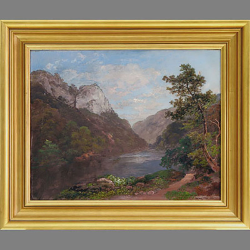 Edward Price (Británico, c.1881). Siglo XIX. Tranquilo trecho del río en paisaje montañoso