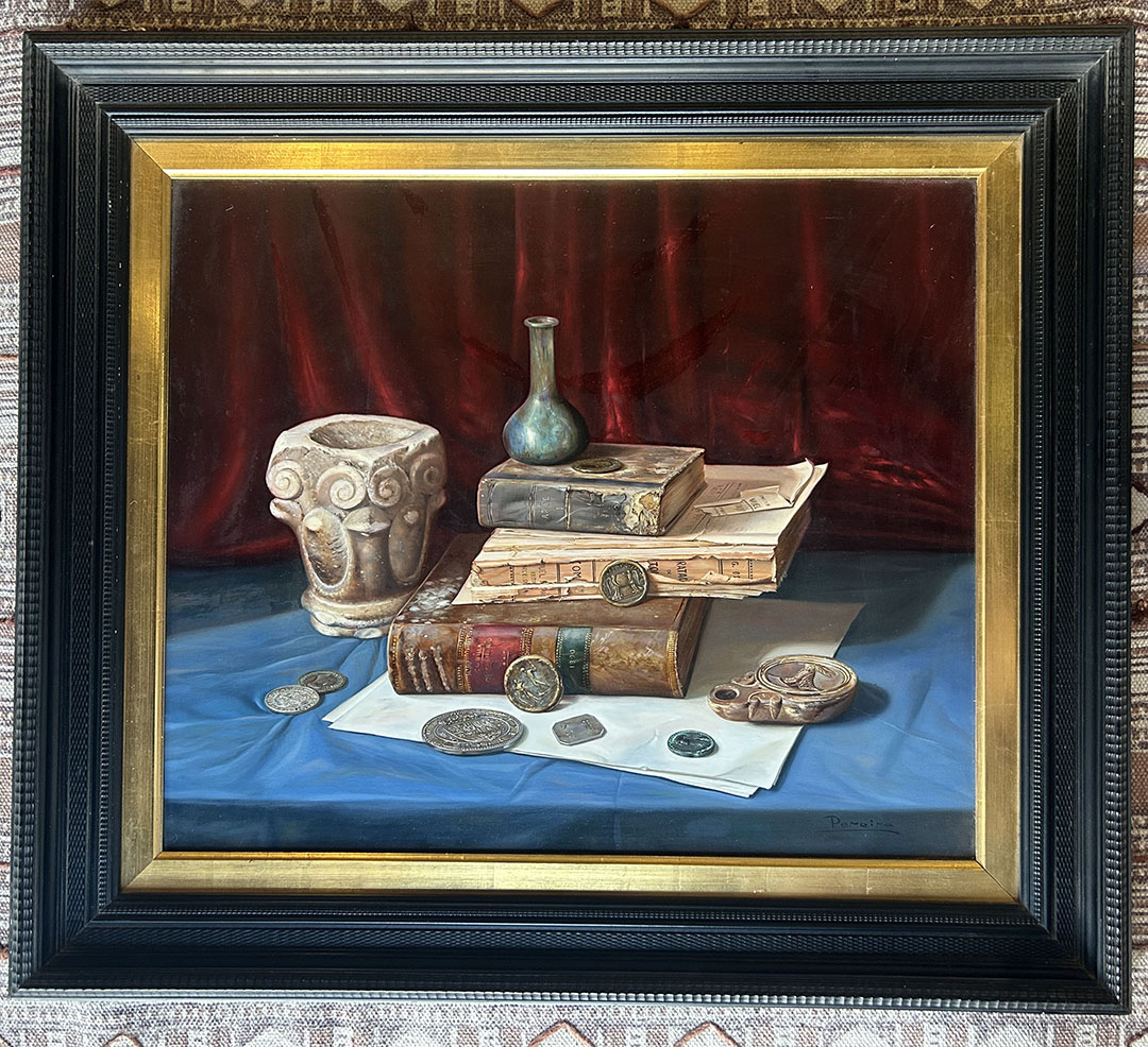 Manuel Pereira. 'Libros y monedas'. Óleo sobre tabla. Enmarcado. Firmado