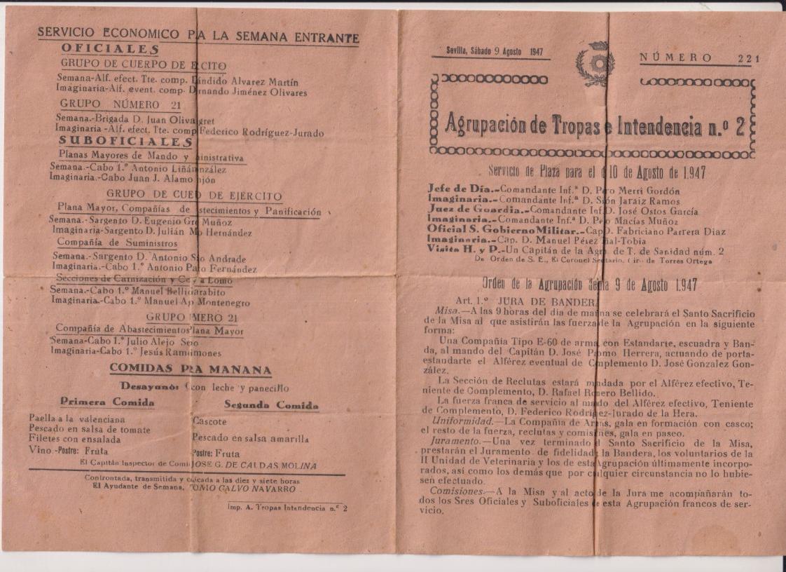 Doble Hoja. Agrupación de Tropas de Intendencia nº 2. Servicio de Plaza para el día 10 de Agosto de 1947