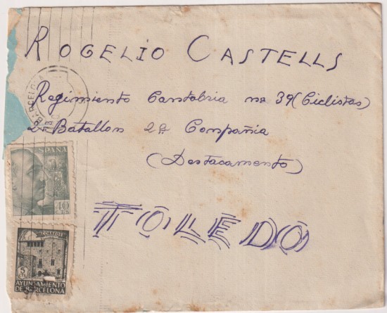 Sobre de San Martín-Olot a Regimiento Cantabria 39 (Ciclistas) 2º Bon, 2ª compañía (destacamento) Toledo. Año 1943