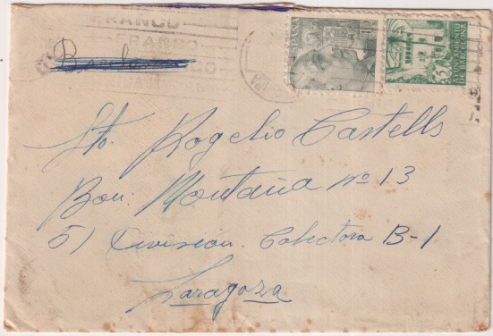 Sobre de Barcelona A Sto. R. C., Bon. Montaña nº 13, 51 división Colectora B-1. Zaragoza. Año 1943