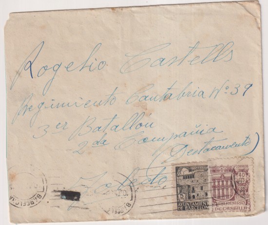 Sobre de Barcelona a R. C. Regimiento Cantabria nº 39, 3er Batallón, 2ª Compañía. (destacamento) Toledo de 1941