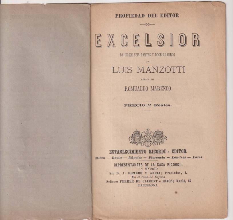 Baile en seis partes y doce de Luis Manzotti. música de Romualdo Marenco. Precio: 2 Reales