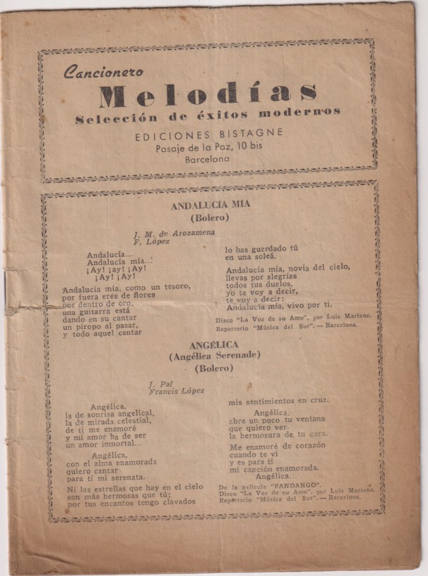Cancionero. melodías Selección de éxitos modernos. Ediciones Bistagne