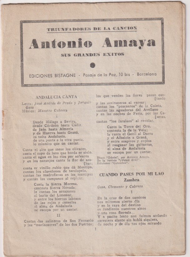 Cancionero de Antonio Amaya. Triunfadores de la Canción. Ediciones Bistagne