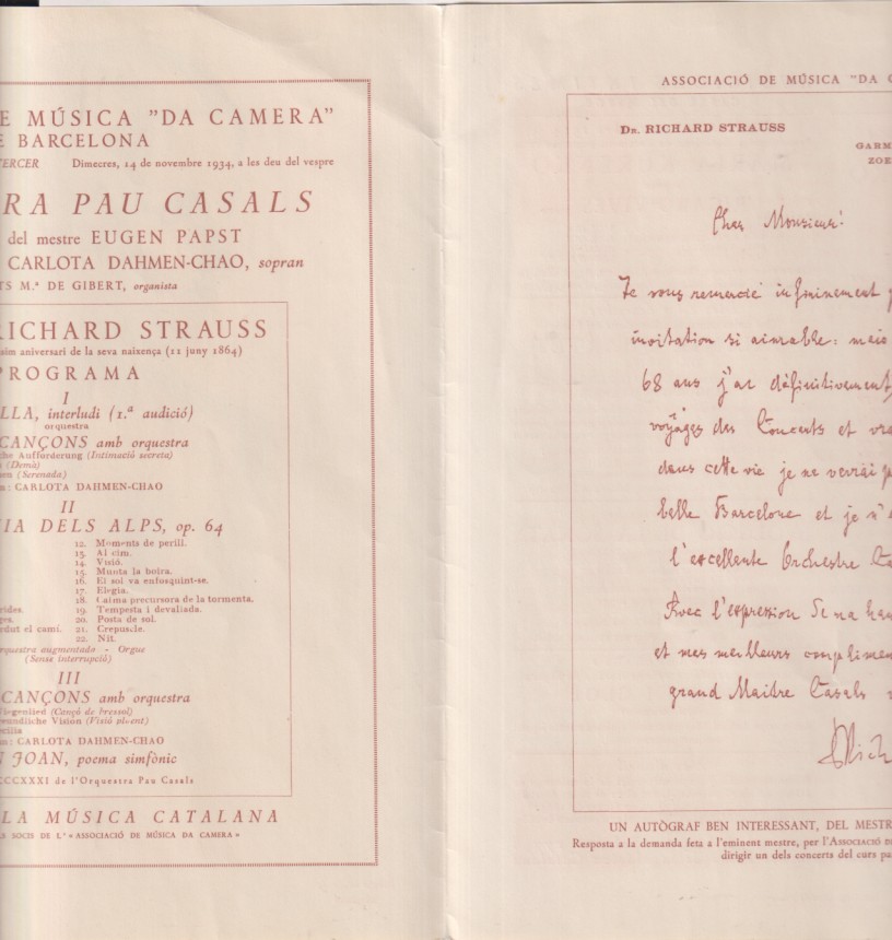 Associació de Música da Camera de Barcelona. Curs 1934-35. Concert Tercer. Dibuis Inedit de Muntané. (22,5x18,5 cm.) doble hoja