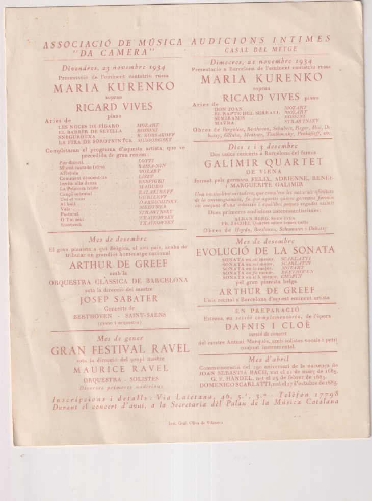 Associació de Música da Camera de Barcelona. Curs 1934-35. Concert Tercer. Dibuis Inedit de Muntané. (22,5x18,5 cm.) doble hoja