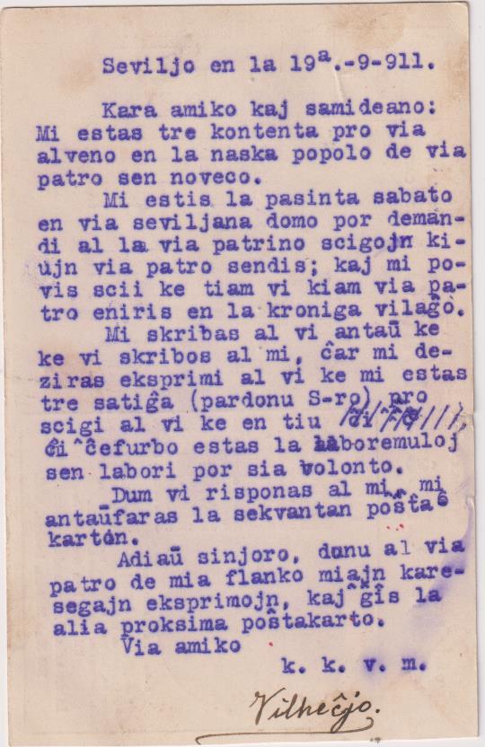 Posta Karto. Postal en Esperanto. Franqueado y fechado en Sevilla en 1911. Destino: Grañón