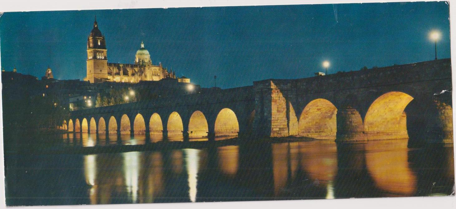 Salamanca. Puente Romano Iluminada. Postal doble. Fanqueado y fechado en 1966