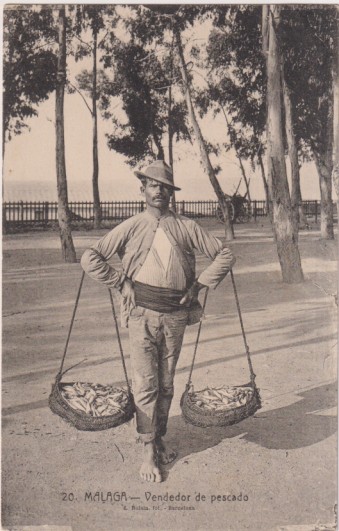 Málaga. vendedor de pescado. L. roisin. Dedicado y fechado al dorso marzo de 1934